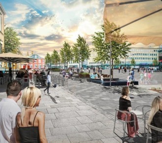 Lune rom: Trær danner et intimt rom inn mot bebyggelsen og skaper en lun atmosfære rundt serveringsstedene. Potensialet for uteservering på sommeren er stort. Arealet som er satt av er på ca 1600 kvadratmeter, og er større enn på Solsiden. (Illustrasjon: Agraff AS/ Visualis)