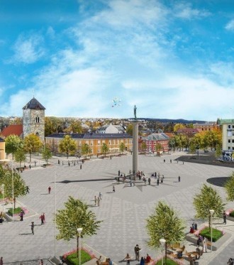 Torvet i Trondheim: Åpent, stramt og verdig er stikkord som skal beskrive nye Torvet. Her ser vi tydelig hvordan trær og sitteplasser omkranser den store torgflata (Illustrasjon: Agraff AS/ Visualis).