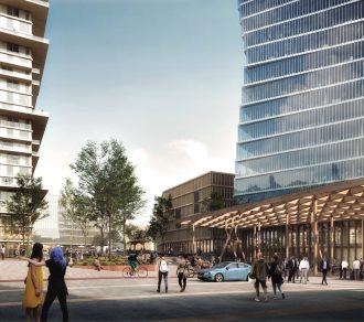 Forslaget "Sløyfen & ringen" viser nytt knutepunkt og parkdrag på Sluppen. Illustrasjon: Rambøll AS, SAAHA AS og Agraff arkitektur