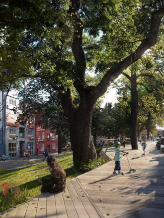 Et samlende helhetsgrep: Vinnerne foreslår en langsgående gangpromenade i tre som blir en utvidelse av gangarealet i Kjøpmannsgata. Dekket har ulik bredde langs strekket, noen steder stikker den ut langs vollen og lager oppholdssoner, sitteplasser og lekeelementer.