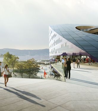 Powerhouse Brattørkaia er Norges største nybygde plusshus, og vil gjennom driftsfasen generere mer energi enn det som blir brukt til produksjon av byggematerialer, oppføring, drift og avhending av bygget. Bygget er tegnet etter prinsippet form følger miljø. Illustrasjon; Snøhetta.