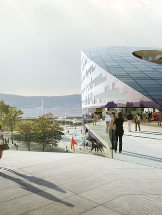 Powerhouse Brattørkaia er Norges største nybygde plusshus, og vil gjennom driftsfasen generere mer energi enn det som blir brukt til produksjon av byggematerialer, oppføring, drift og avhending av bygget. Bygget er tegnet etter prinsippet form følger miljø. Illustrasjon; Snøhetta.