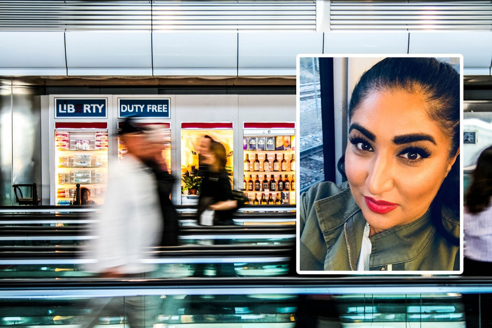 Rozina innfelt i et bilde av Duty Free-butikk